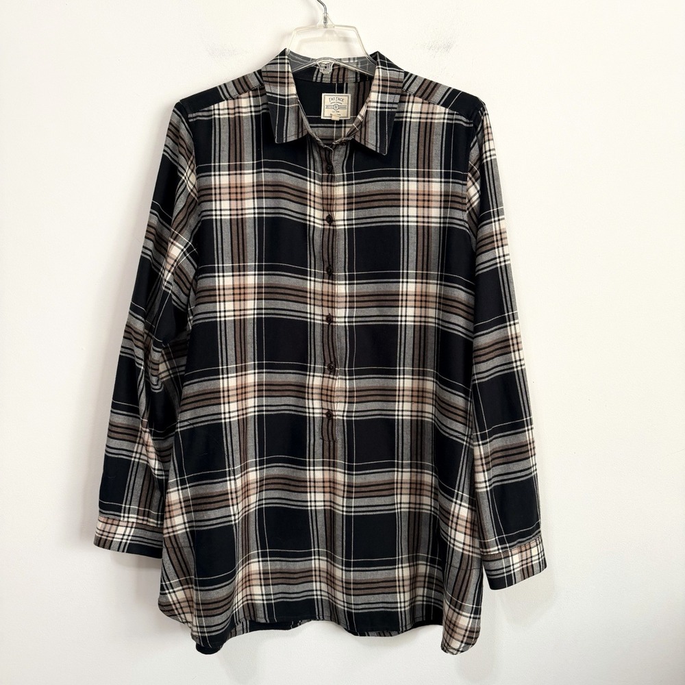 Fat Face Plaid Tunic Top 18 Plus Button Front Long Sleeve‎ Pockets Relaxed Shirt